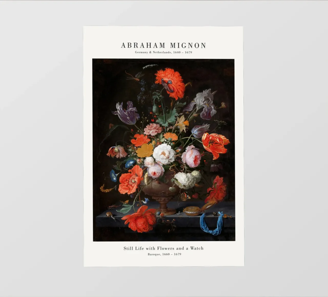 Abraham Mignon - Mignon Natura morta con fiori e orologio pellicola backlit da Old Masters