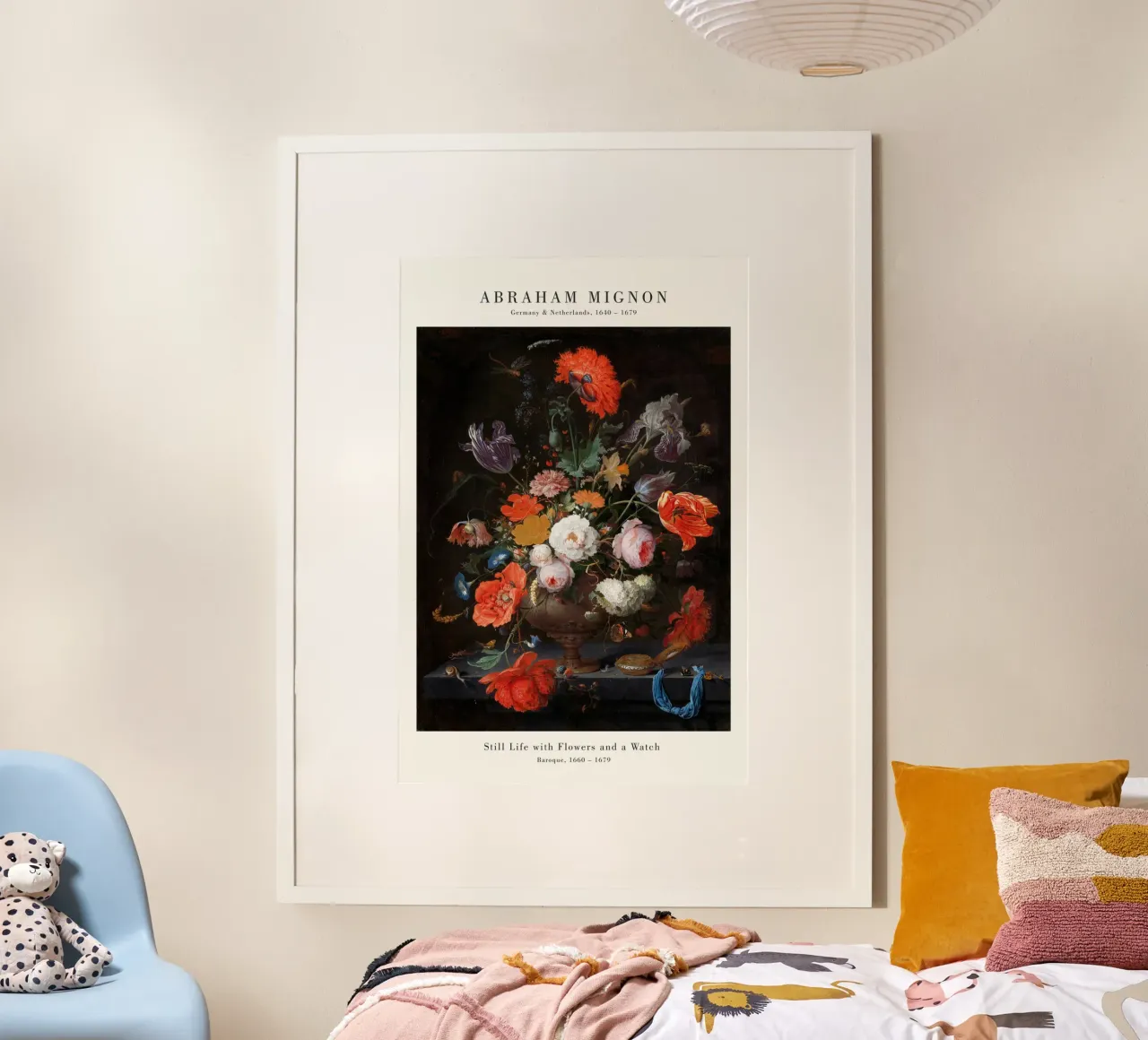 Abraham Mignon - Mignon Nature morte aux fleurs et à la montre poster avec cadre en bois de Old Masters