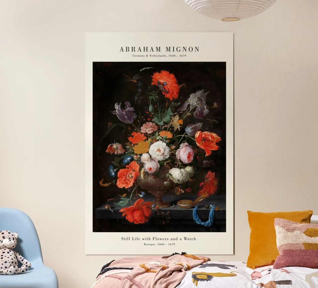 Abraham Mignon - Mignon Nature morte aux fleurs et à la montre poster avec cadre en bois de Old Masters