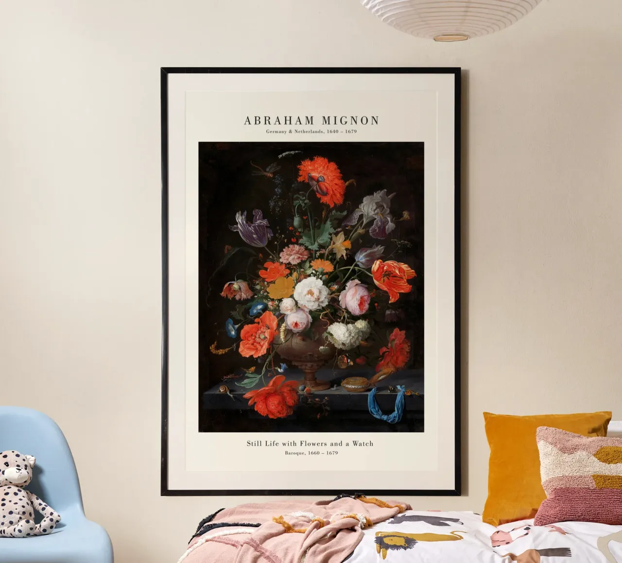Abraham Mignon - Mignon Nature morte aux fleurs et à la montre poster avec cadre en bois de Old Masters