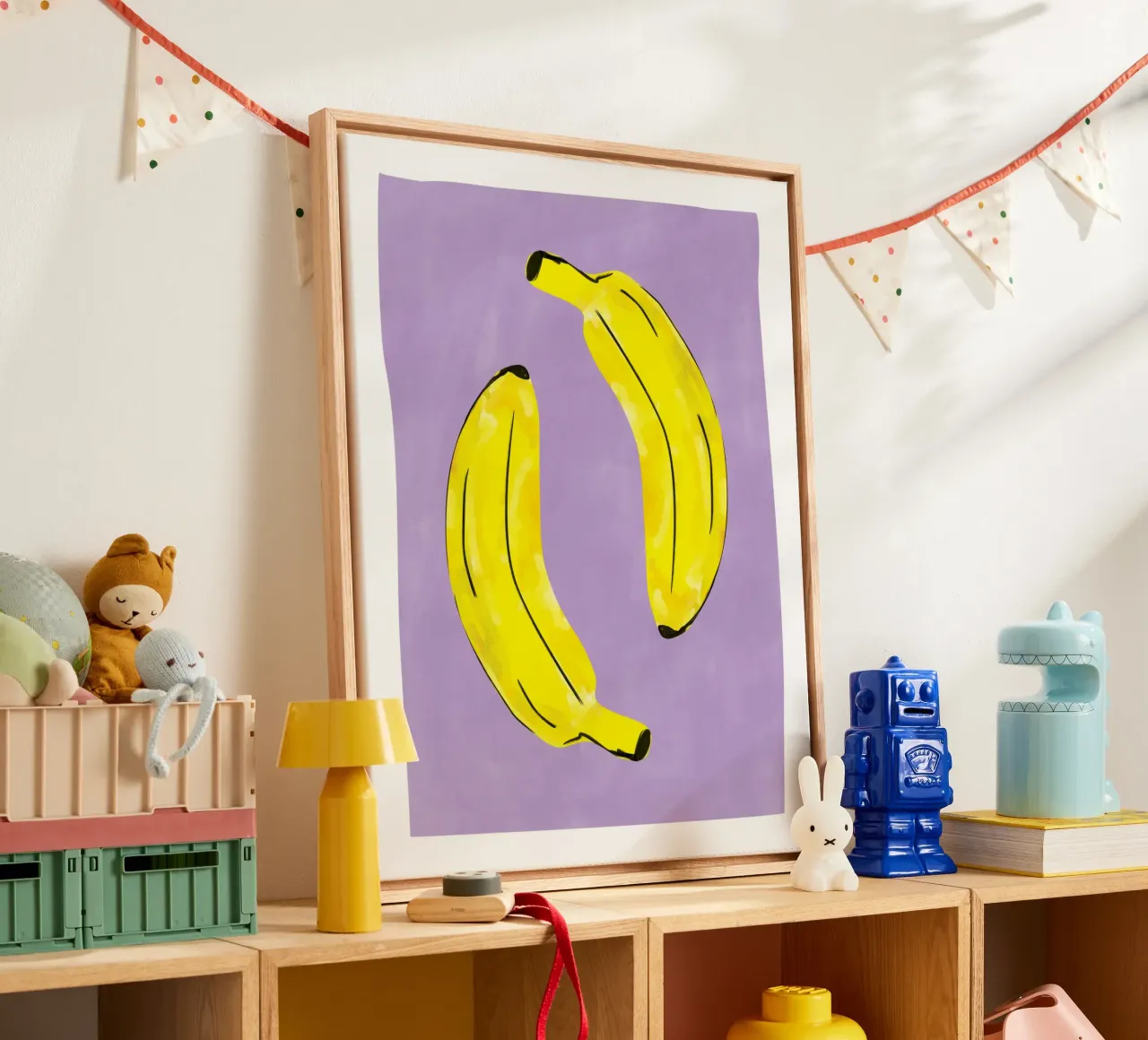 Deux bananes d'un jaune éclatant toile avec Caisse américaine de Pictufy Sun & Spirit