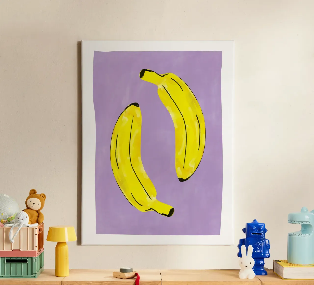 Deux bananes d'un jaune éclatant toile avec Caisse américaine de Pictufy Sun & Spirit