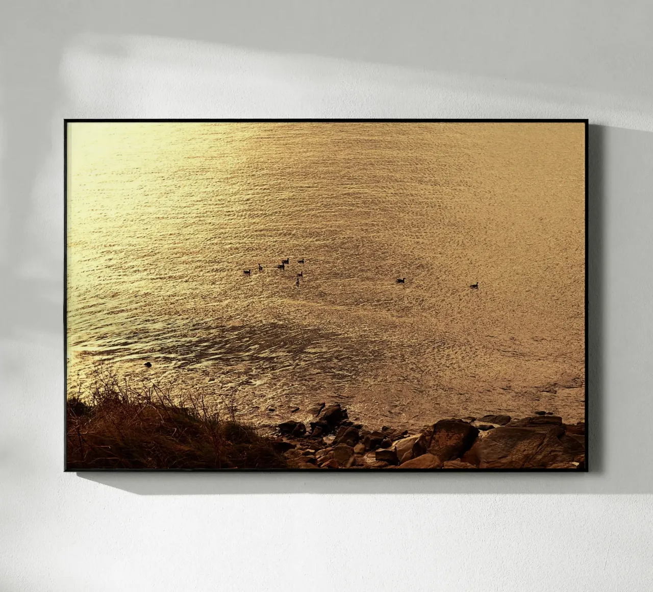 FAA266 LANDSCHAP OCEAAN. GOUDEN LICHT MET ZEEMEEUWEN. acryl van Thierry vobmann photography