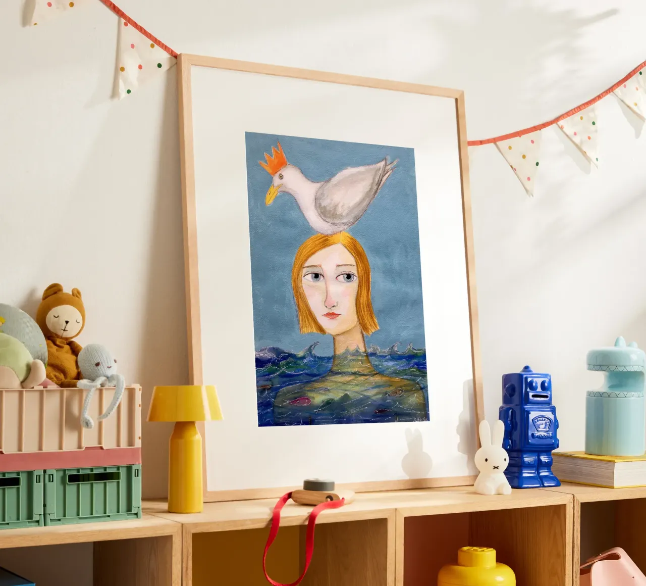 Nuotatrice con gabbiano poster con telaio in plastica da Pictufy Sun & Spirit