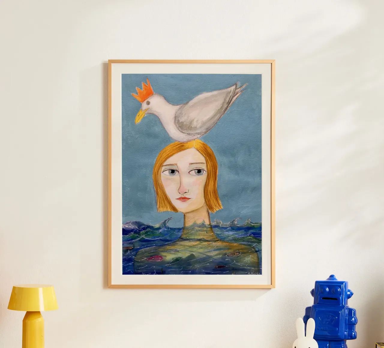 Nuotatrice con gabbiano poster con telaio in plastica da Pictufy Sun & Spirit