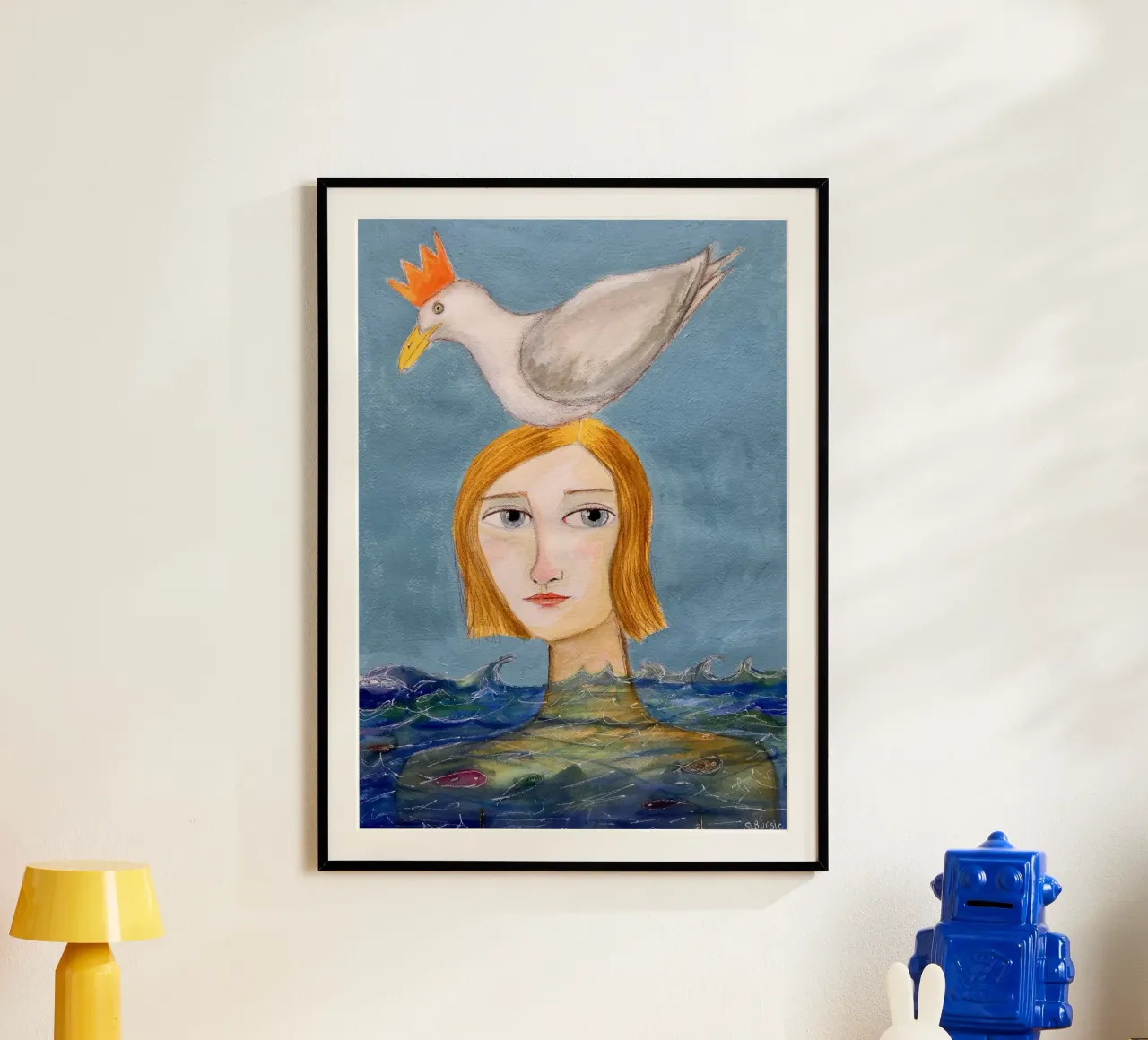 Nuotatrice con gabbiano poster con telaio in plastica da Pictufy Sun & Spirit