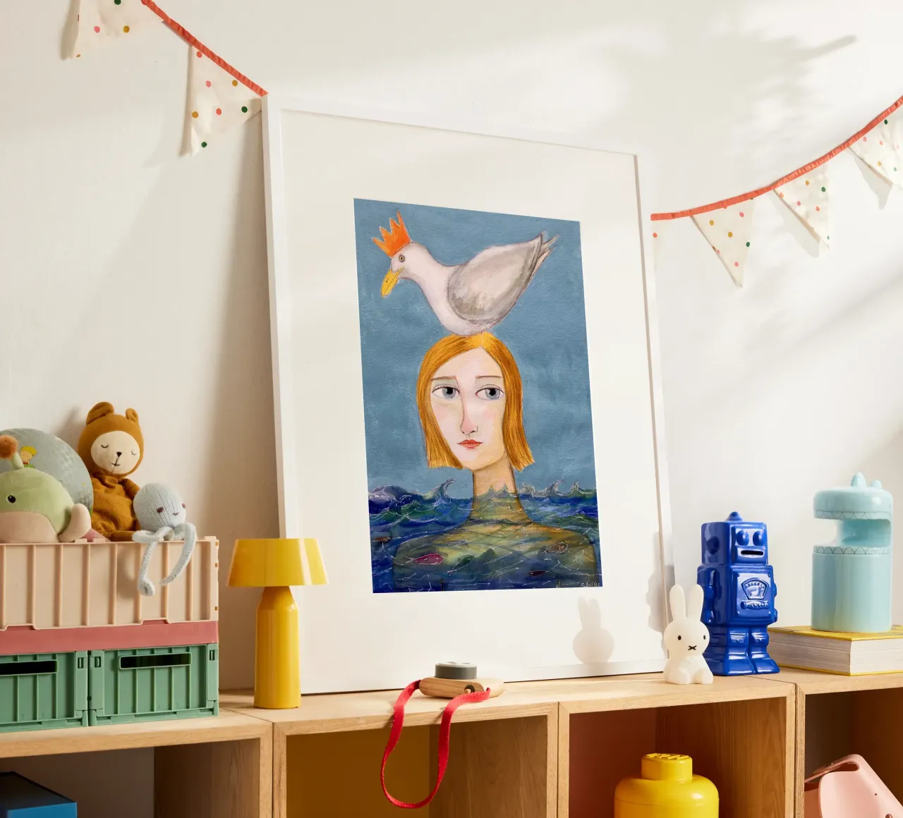 Nuotatrice con gabbiano poster con telaio in plastica da Pictufy Sun & Spirit
