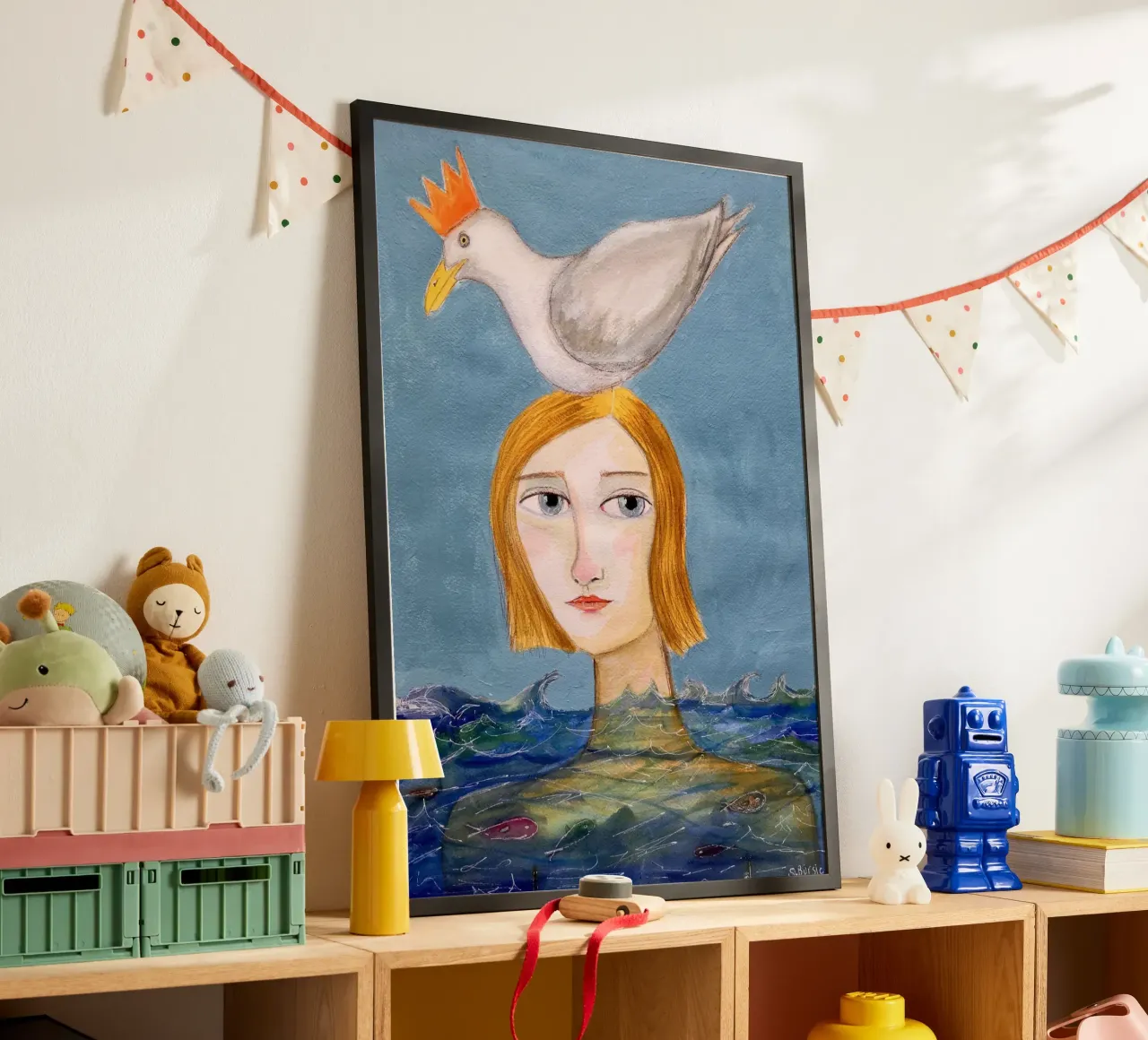 Nuotatrice con gabbiano poster con telaio in plastica da Pictufy Sun & Spirit