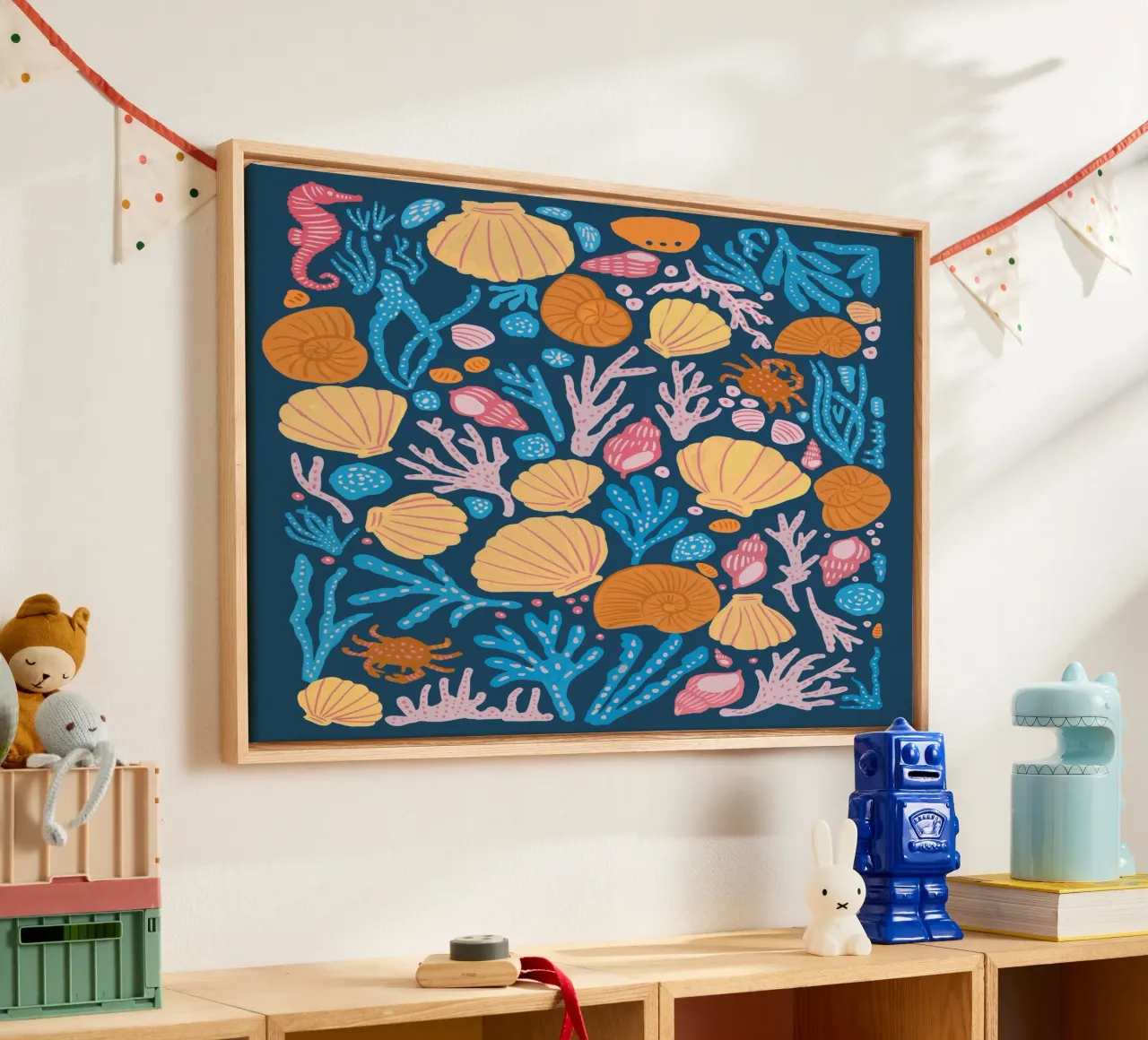 Sea Critters Color On Blue canvas with Floater frame by Pictufy Sun & Spirit