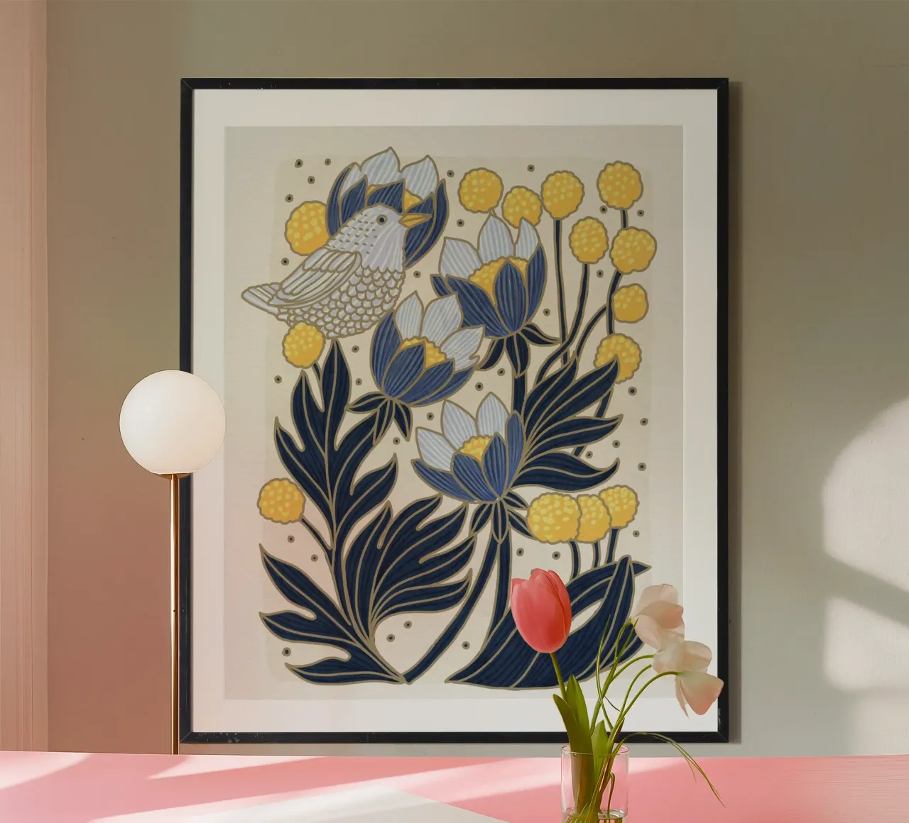 Uccelli e fiori poster con telaio in legno da Pictufy Sun & Spirit