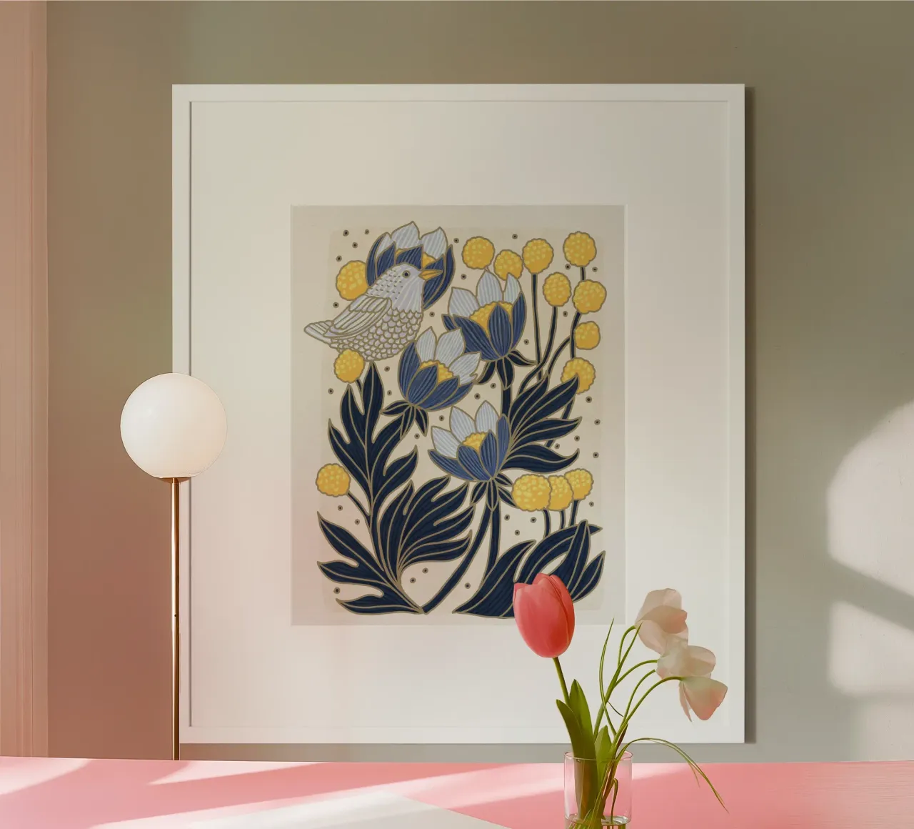 Uccelli e fiori poster con telaio in legno da Pictufy Sun & Spirit
