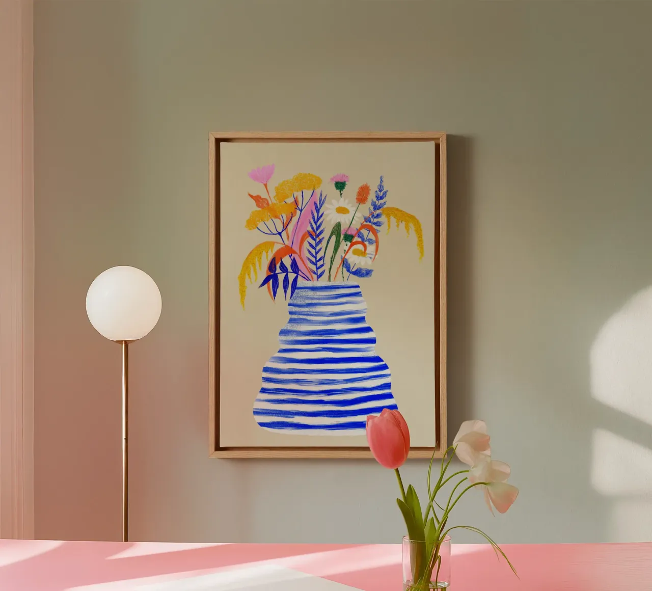 Vaso floreale felice con strisce tela con Cornice a cassetta da Pictufy Sun & Spirit