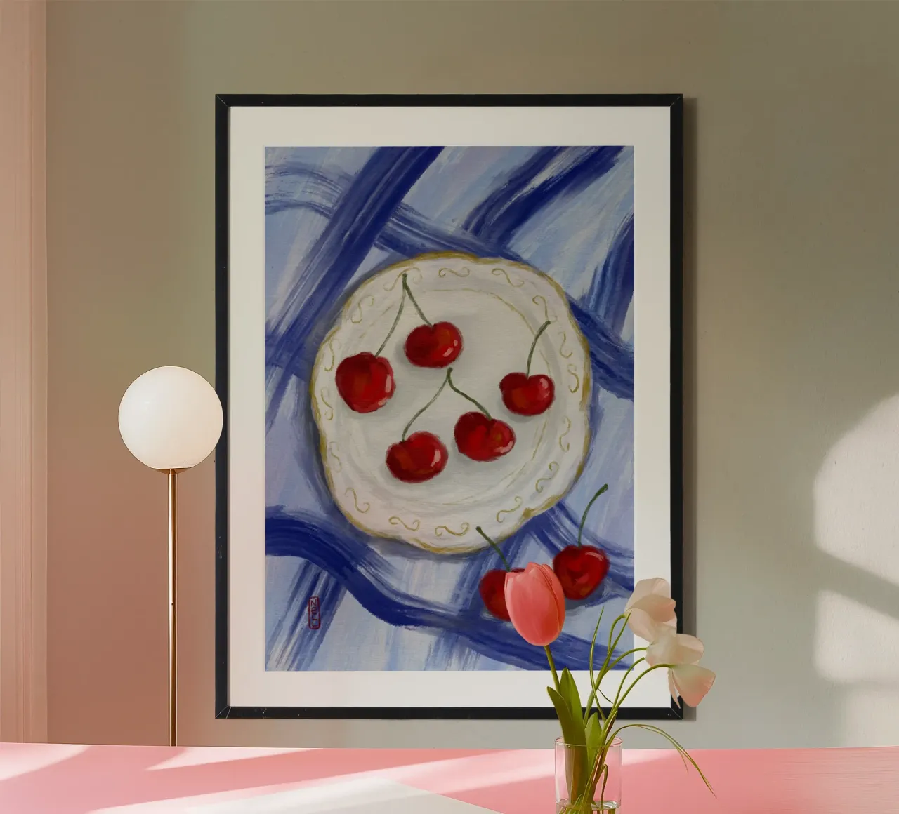 Un piatto di ciliegie Pittura alimentare poster con telaio in alluminio da Pictufy Sun & Spirit