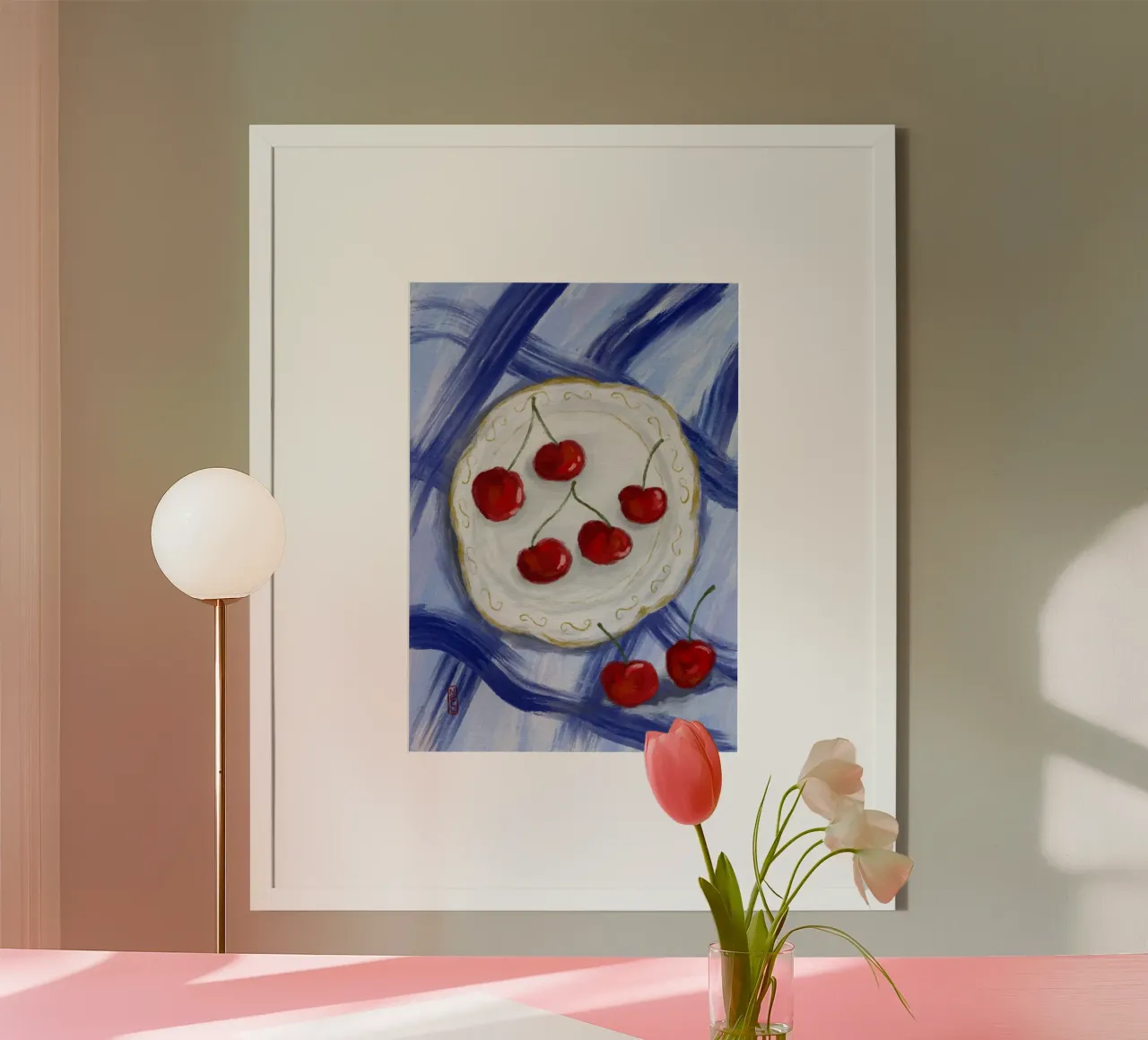 Un piatto di ciliegie Pittura alimentare poster con telaio in alluminio da Pictufy Sun & Spirit