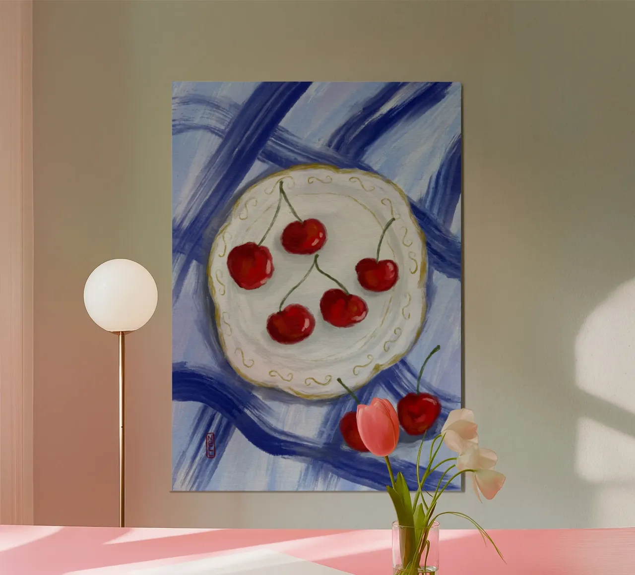 Un piatto di ciliegie Pittura alimentare poster con telaio in alluminio da Pictufy Sun & Spirit