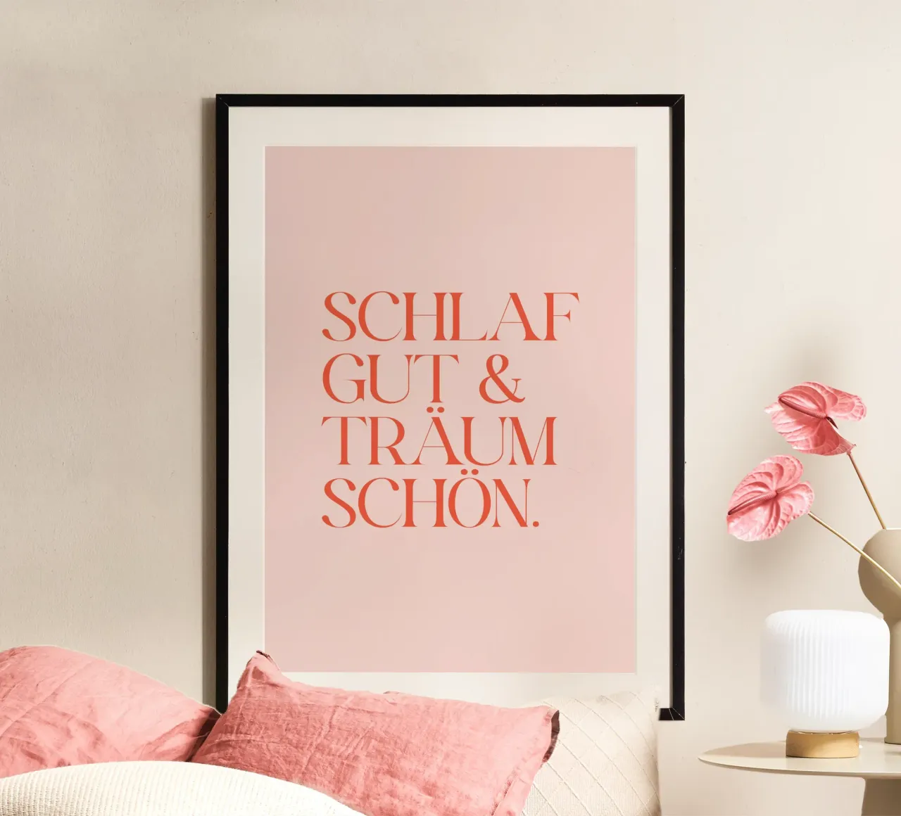 Schlaf gut & träum schön rosa rot poster con telaio in legno da BAINAI QUOTES