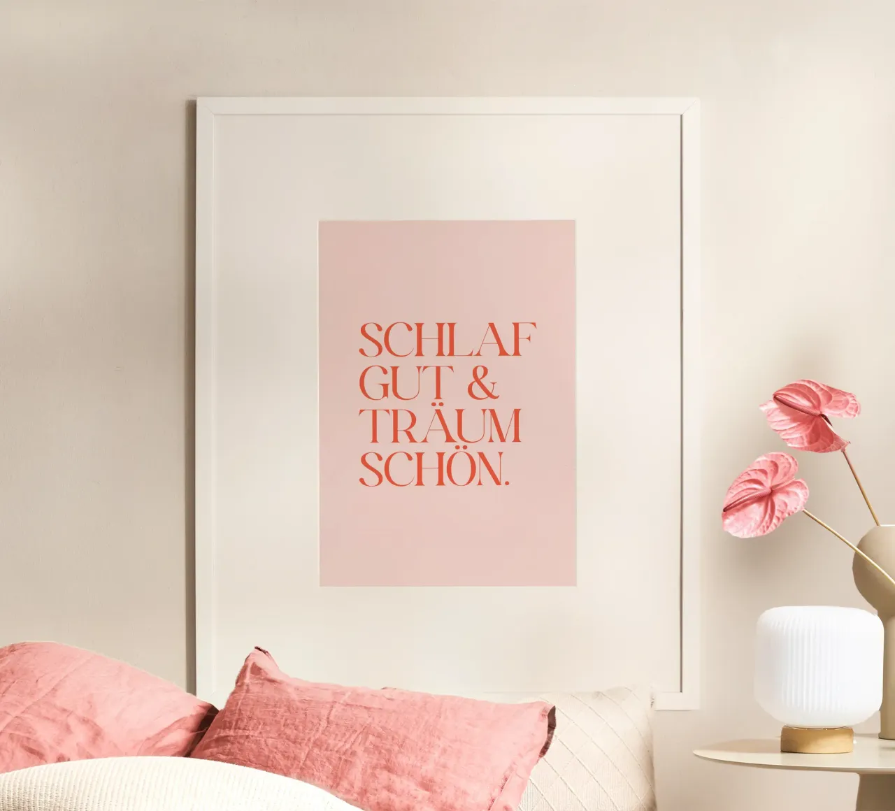 Schlaf gut & träum schön rosa rot poster con telaio in legno da BAINAI QUOTES