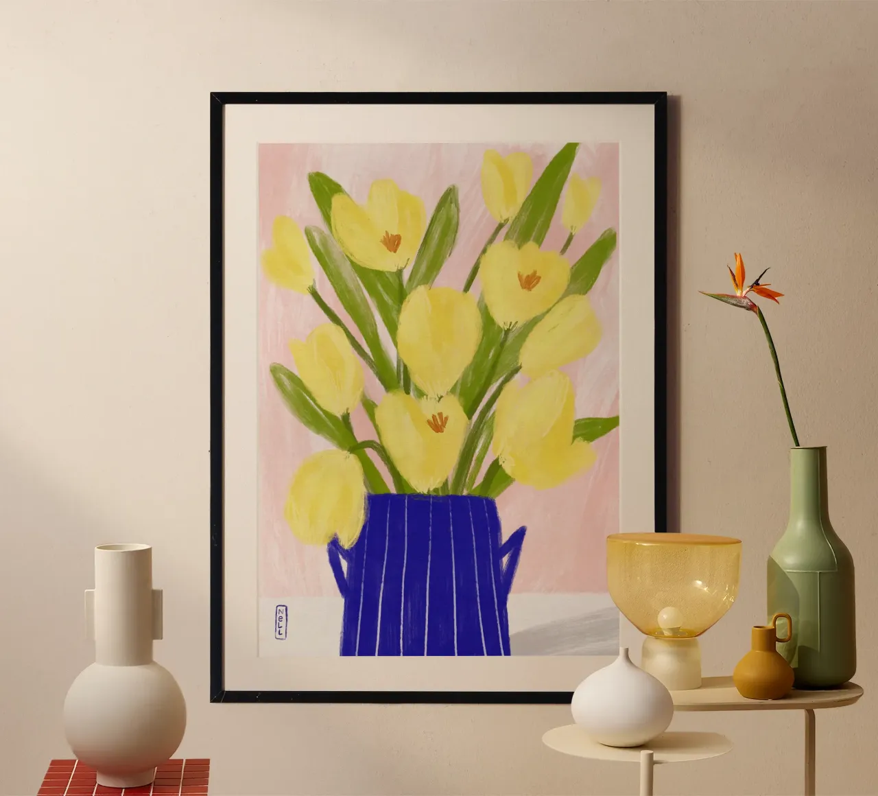 Tulipani gialli in vaso poster con telaio in legno da Pictufy Sun & Spirit