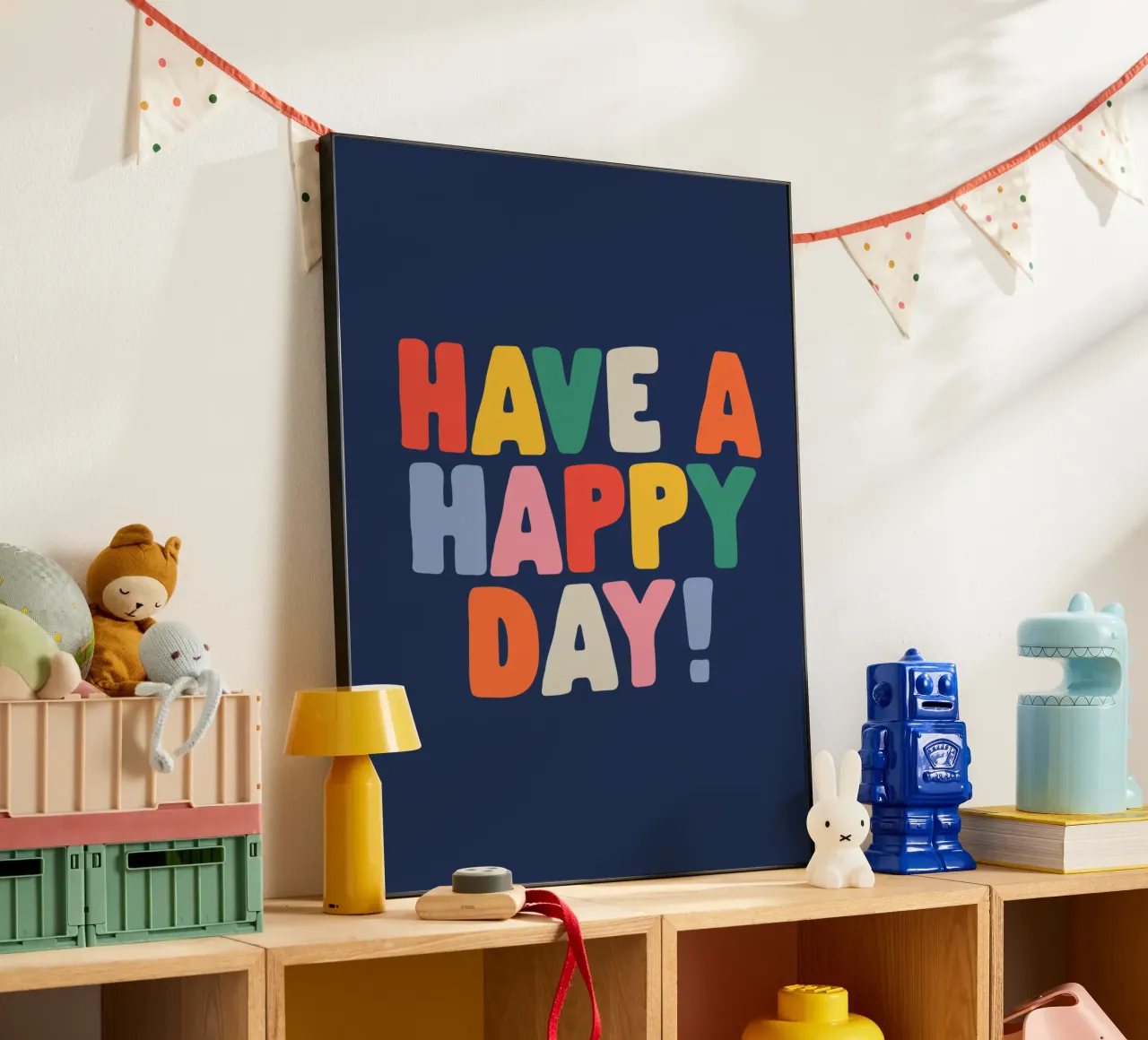 Have a Happy Day Allegro Arcobaleno Vibrante Stampa tipografica alluminio dibond da THE MOTIVATED TYPE