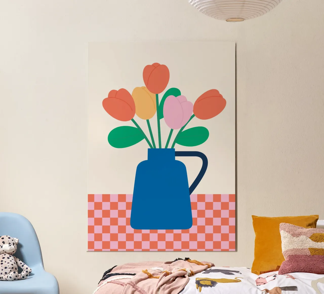 Vaso blu con tulipani rossi poster con telaio in plastica da Susann Stefanizen