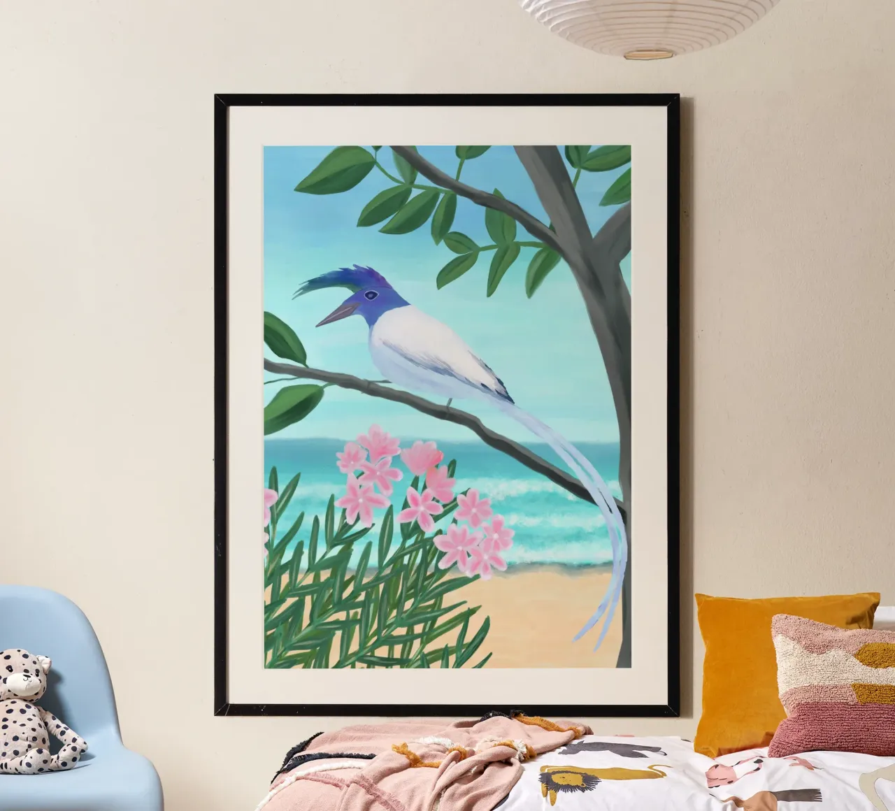 Ghiandaia bianca poster con telaio in legno da Pictufy Sun & Spirit