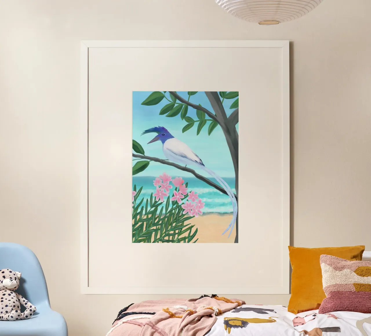 Ghiandaia bianca poster con telaio in legno da Pictufy Sun & Spirit