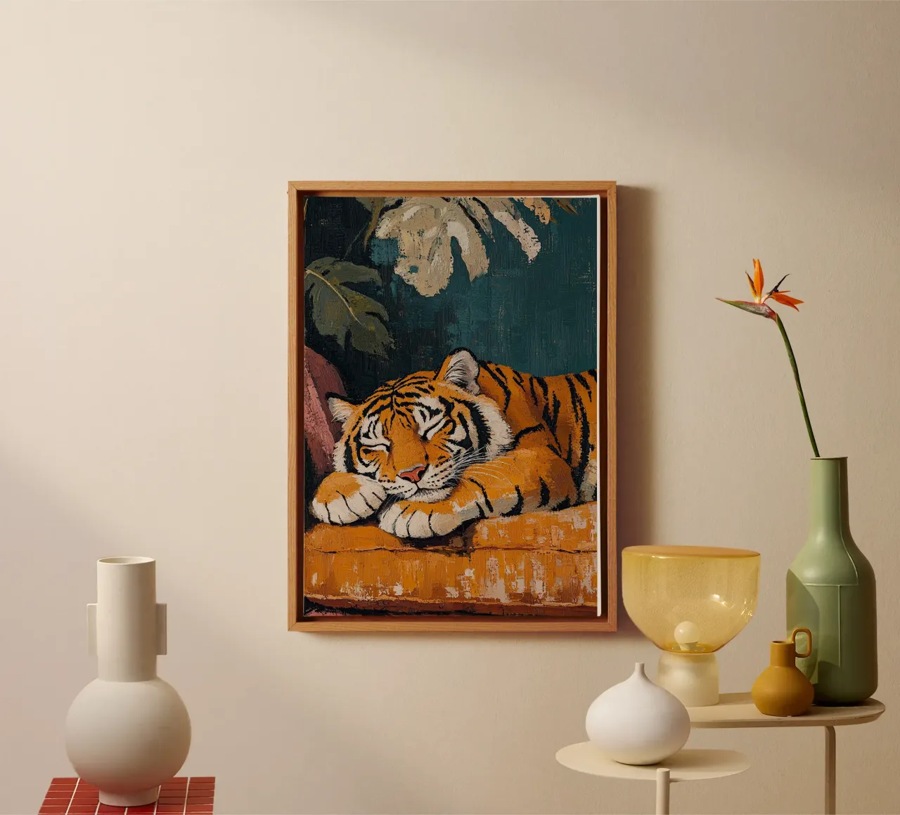 De tijger slaapt canvas met Baklijst van ArtByNiki