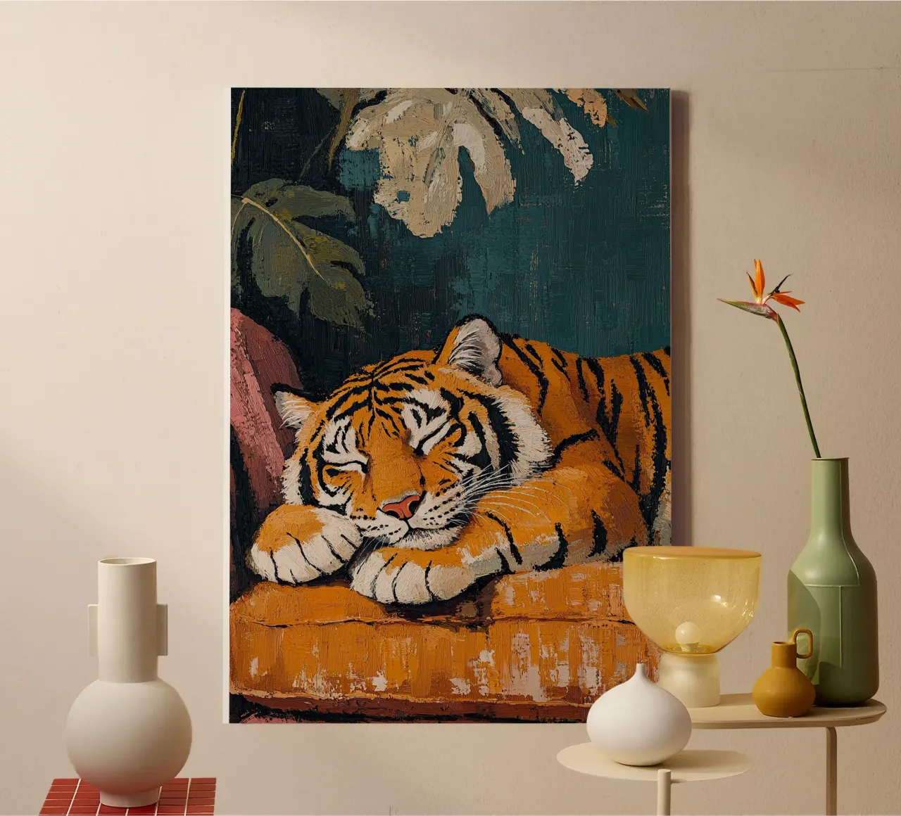 De tijger slaapt canvas met Baklijst van ArtByNiki