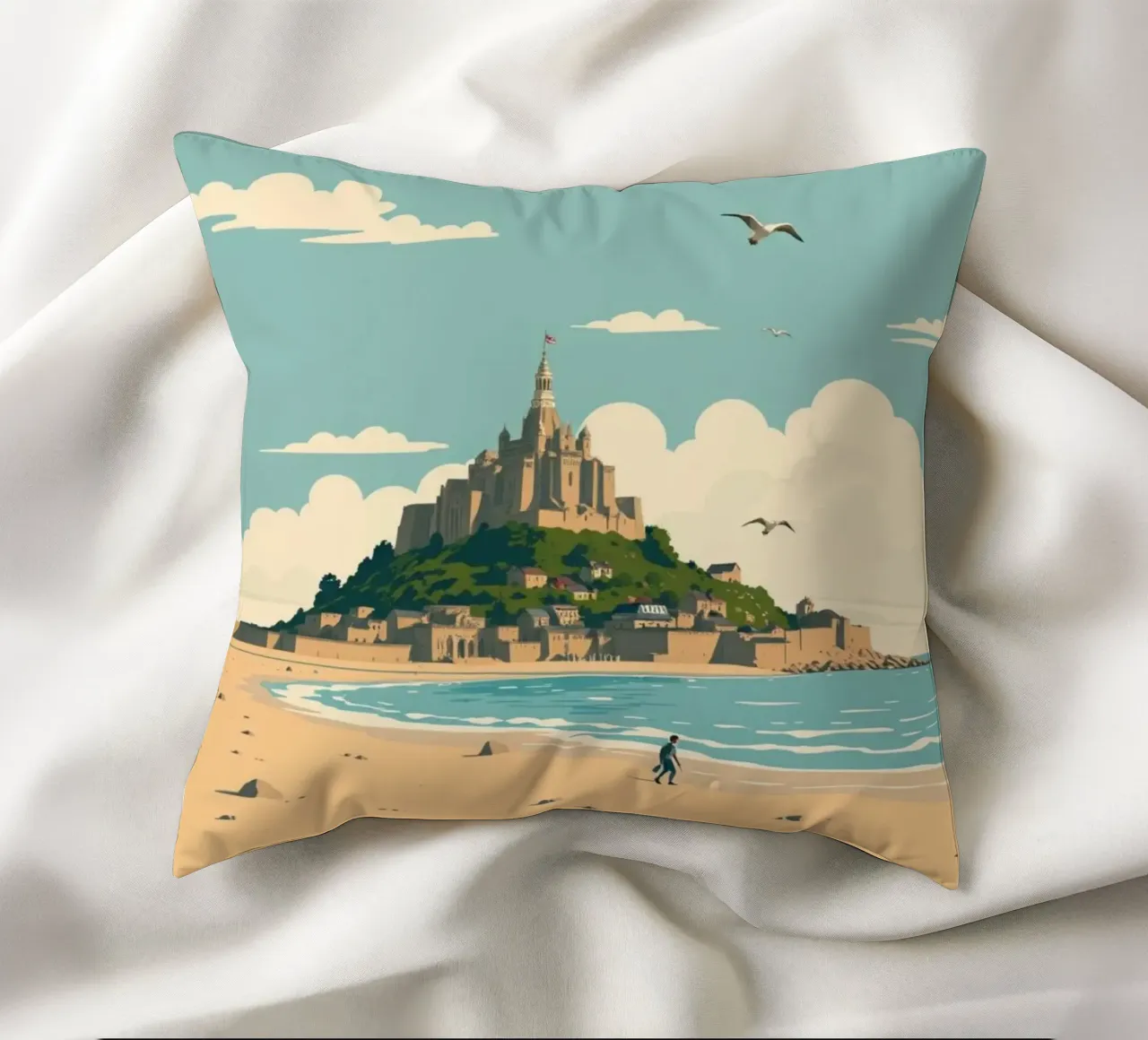 Mont Saint-Michel - Poster retrò della spiaggia e dell'abbazia cuscino da PrintMoiUnTruc