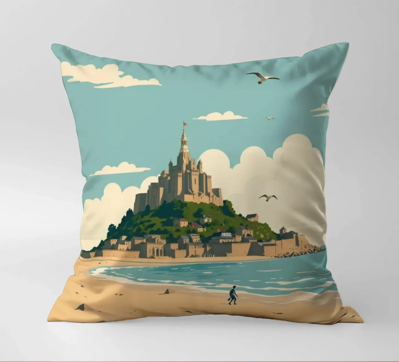 Mont Saint-Michel - Poster retrò della spiaggia e dell'abbazia cuscino da PrintMoiUnTruc