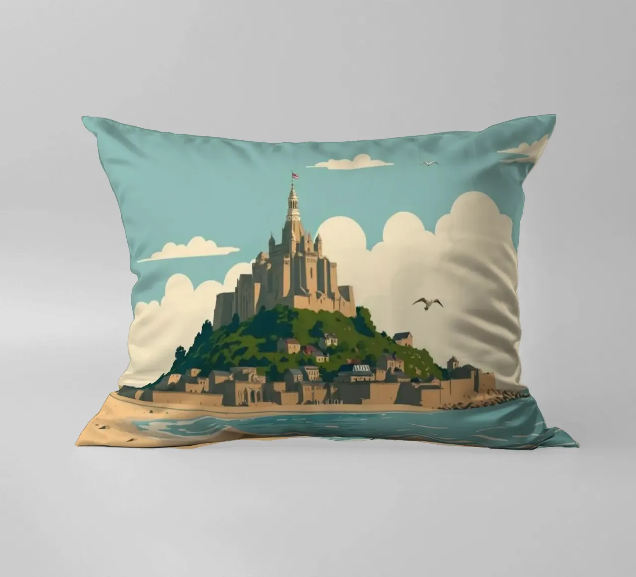 Mont Saint-Michel - Poster retrò della spiaggia e dell'abbazia cuscino da PrintMoiUnTruc