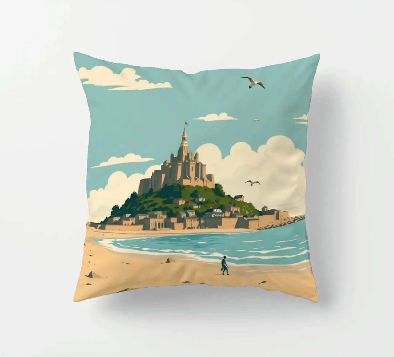 Mont Saint-Michel - Poster retrò della spiaggia e dell'abbazia cuscino da PrintMoiUnTruc