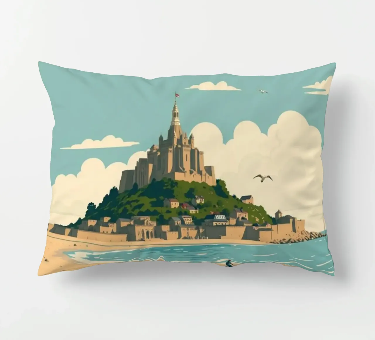 Mont Saint-Michel - Poster retrò della spiaggia e dell'abbazia cuscino da PrintMoiUnTruc