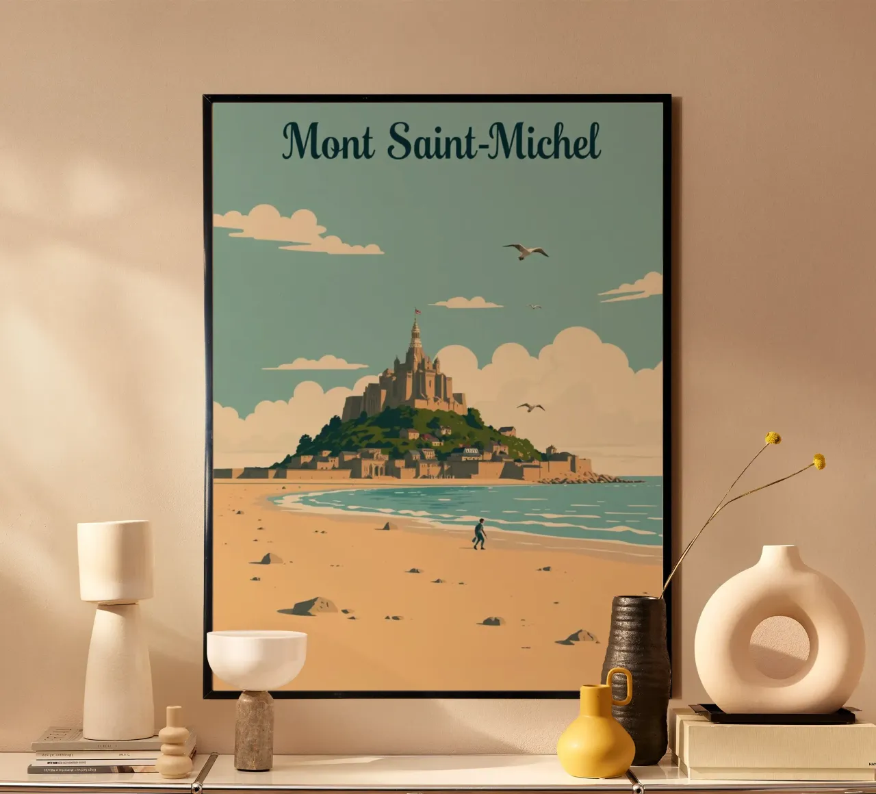 Mont Saint-Michel – Affiche rétro plage et abbaye poster avec cadre en bois de PrintMoiUnTruc