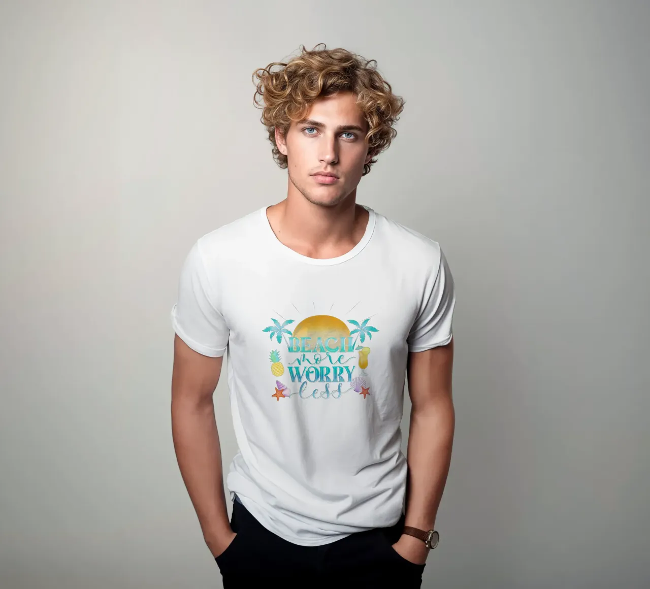 Spiaggiare di più. Worry Less. Lettering fresco con sensazione di spiaggia t-shirt da CalliLetters