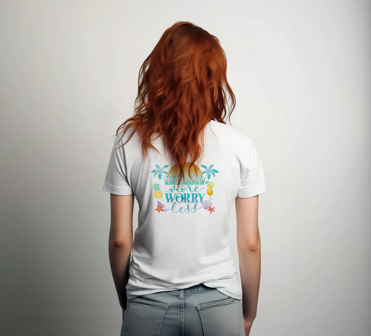 Spiaggiare di più. Worry Less. Lettering fresco con sensazione di spiaggia t-shirt da CalliLetters