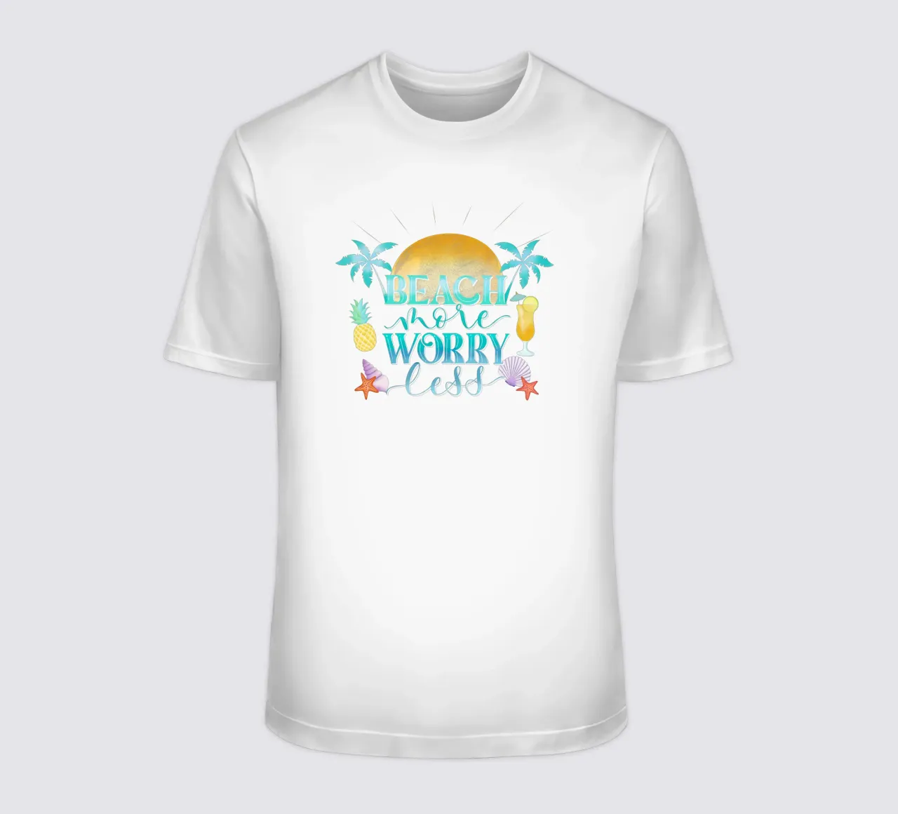 Spiaggiare di più. Worry Less. Lettering fresco con sensazione di spiaggia t-shirt da CalliLetters
