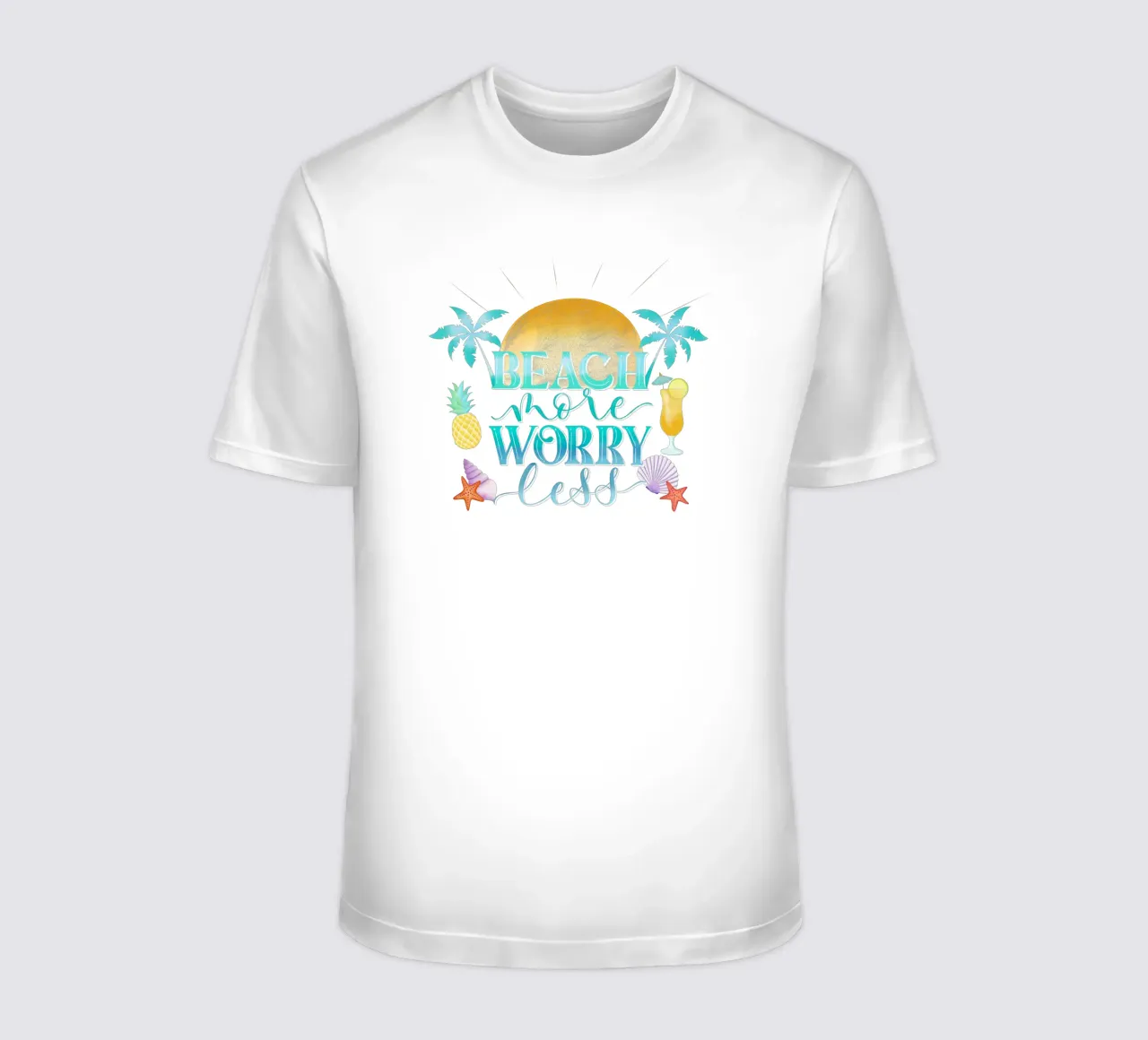 Plus de plage. Worry Less. Cooles Lettering mit Strandfeeling t-shirt de CalliLetters