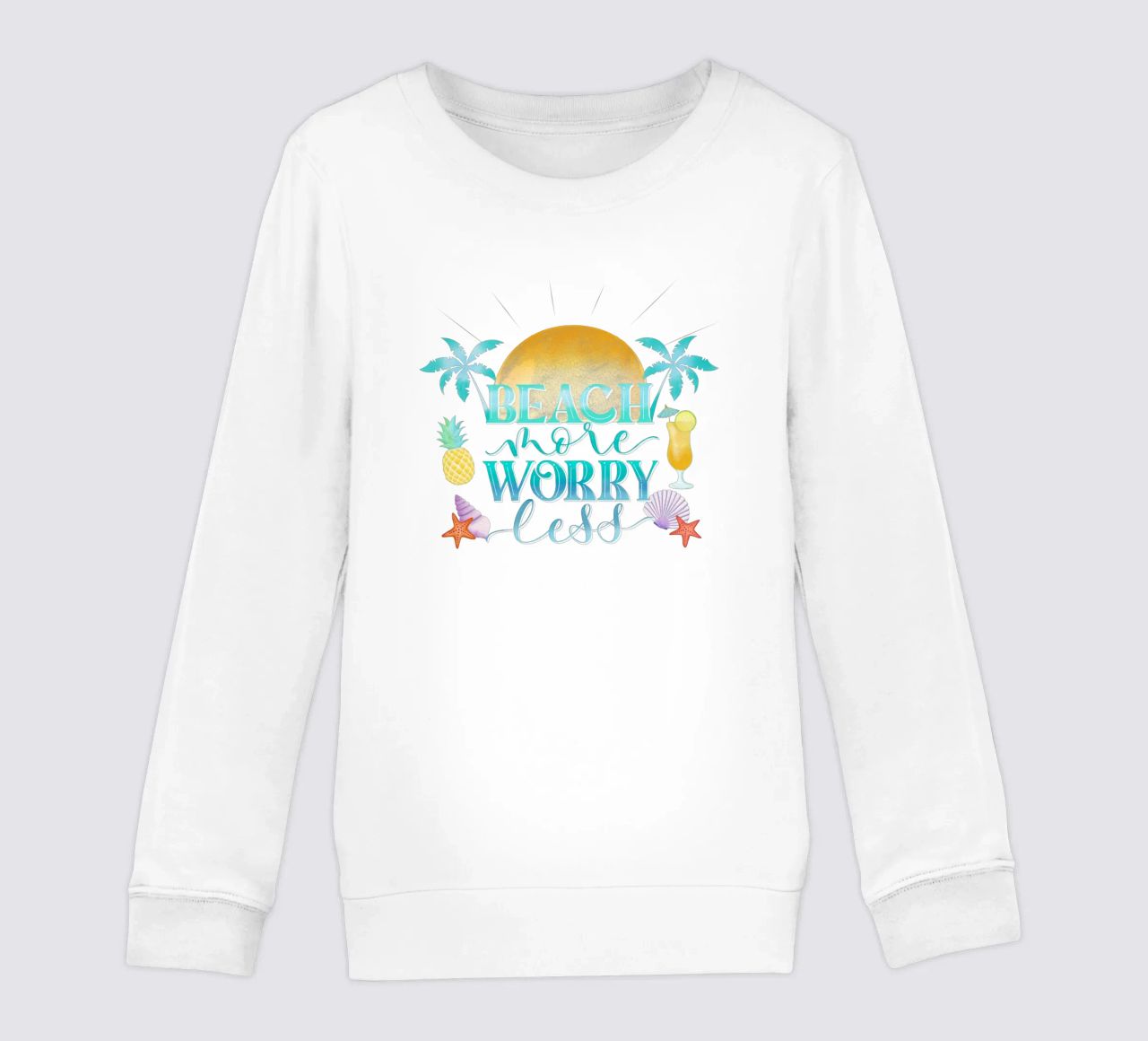 Spiaggiare di più. Worry Less. Lettering fresco con sensazione di spiaggia felpa bambino da CalliLetters