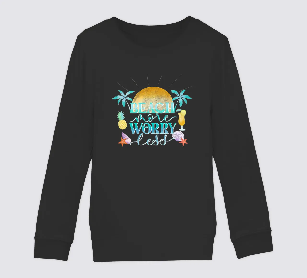 Spiaggiare di più. Worry Less. Lettering fresco con sensazione di spiaggia felpa bambino da CalliLetters