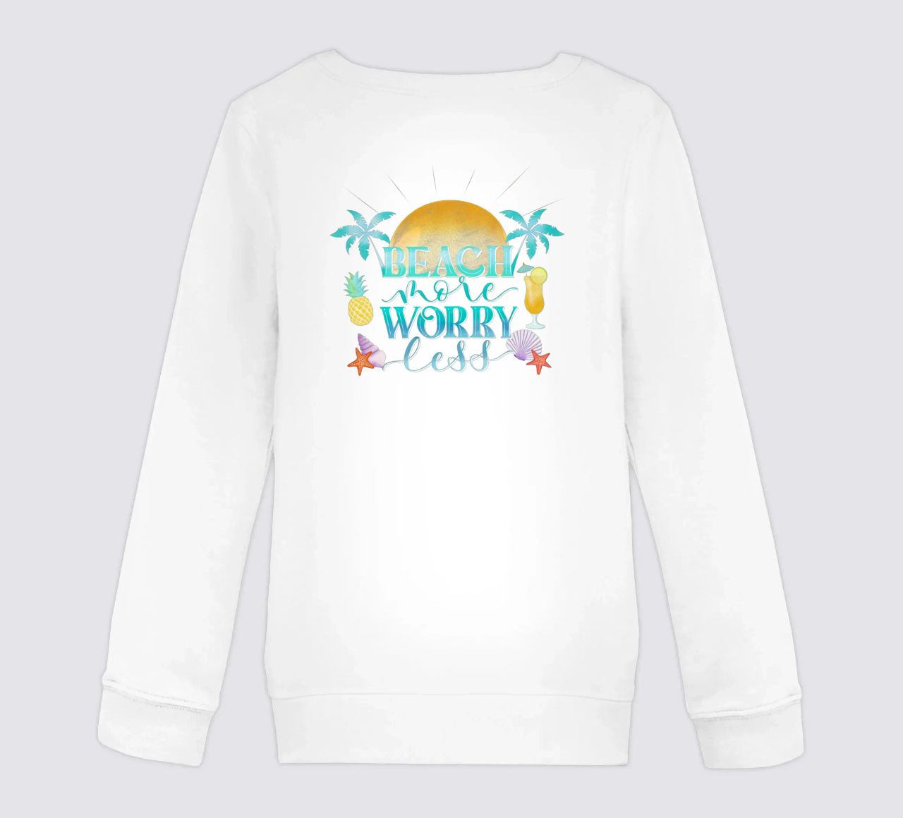 Spiaggiare di più. Worry Less. Lettering fresco con sensazione di spiaggia felpa bambino da CalliLetters