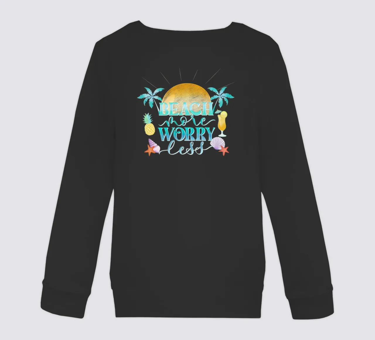 Spiaggiare di più. Worry Less. Lettering fresco con sensazione di spiaggia felpa bambino da CalliLetters