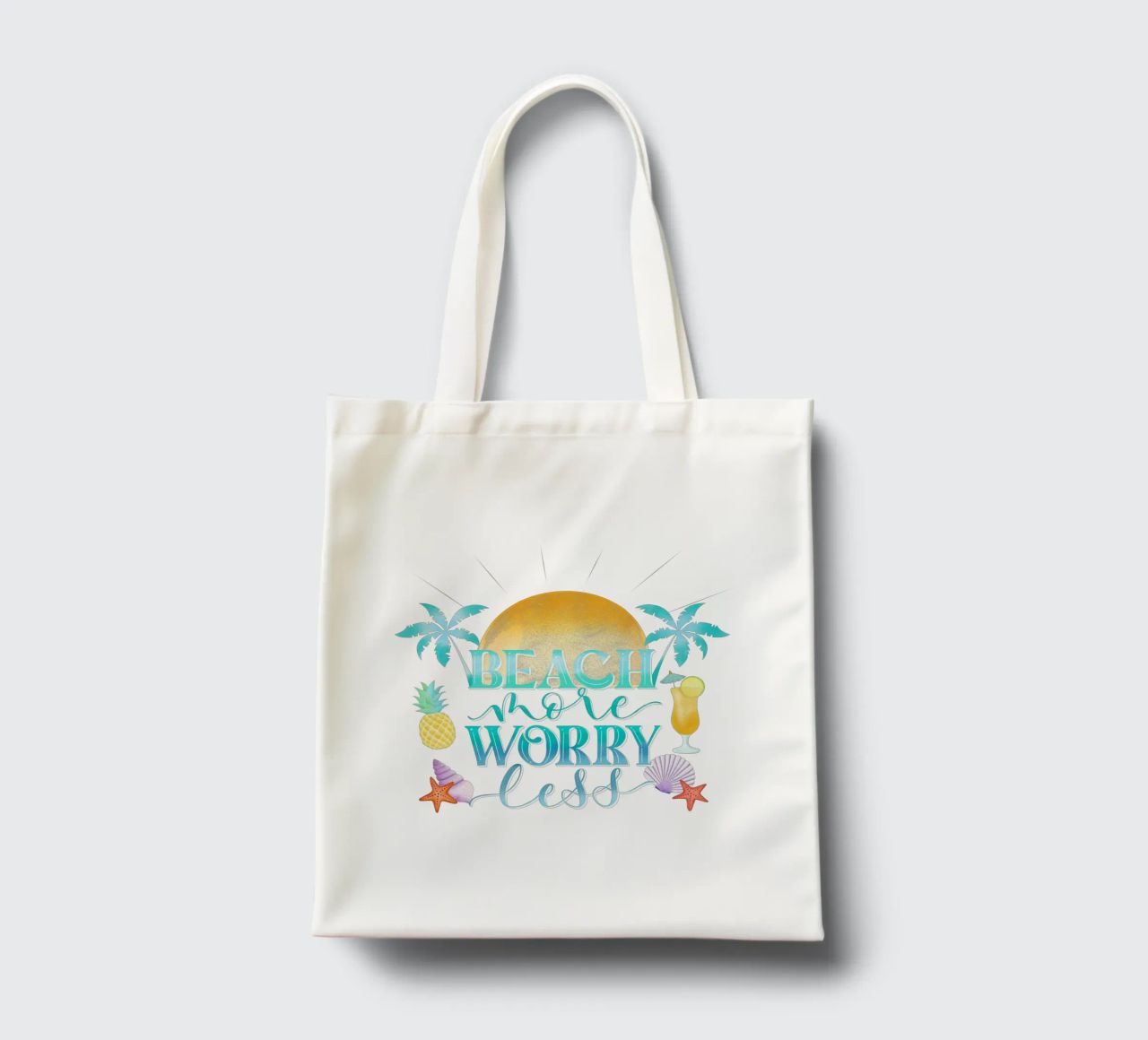 Spiaggiare di più. Worry Less. Lettering fresco con sensazione di spiaggia borsa in juta da CalliLetters