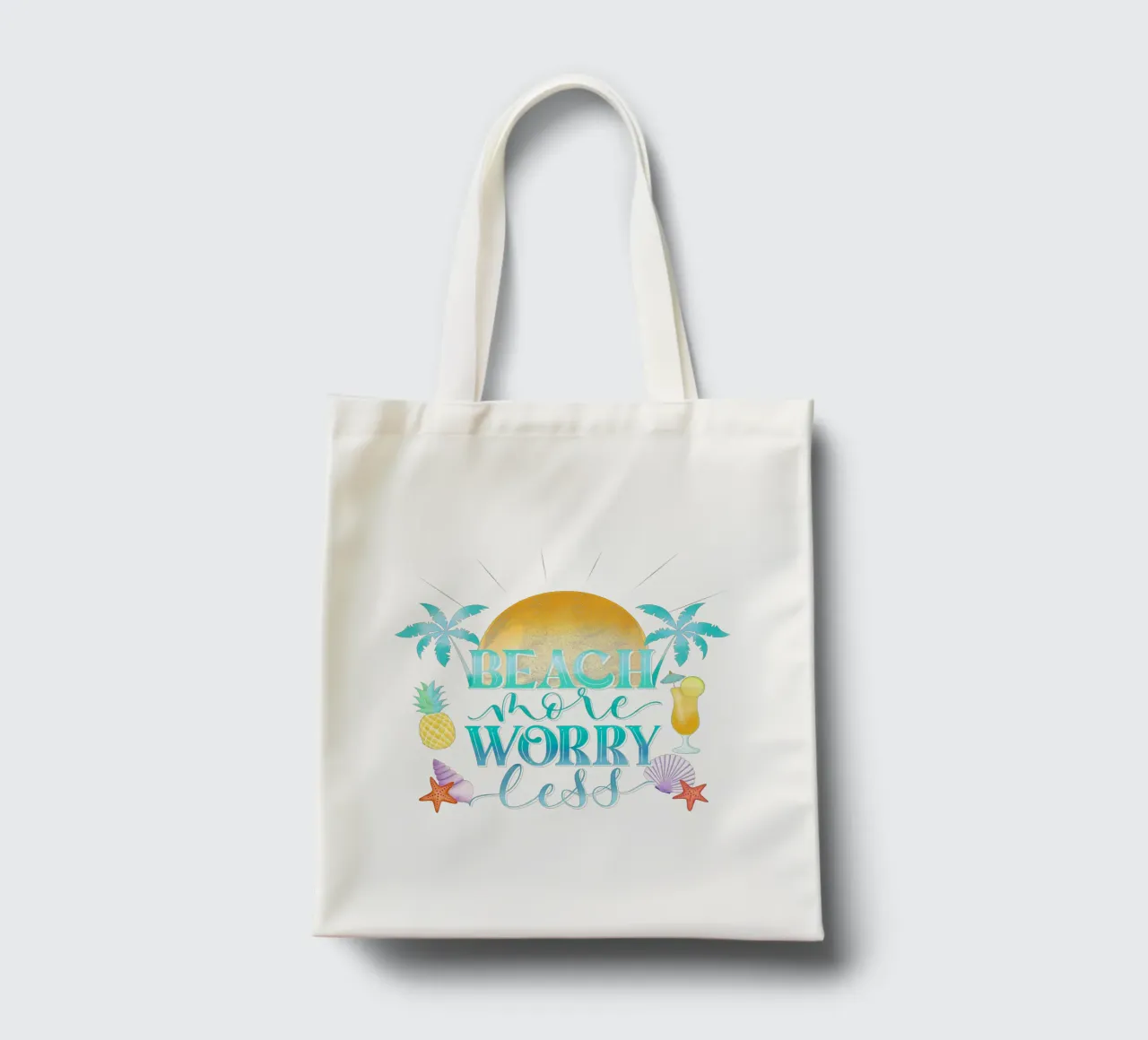 Spiaggiare di più. Worry Less. Lettering fresco con sensazione di spiaggia borsa in juta da CalliLetters