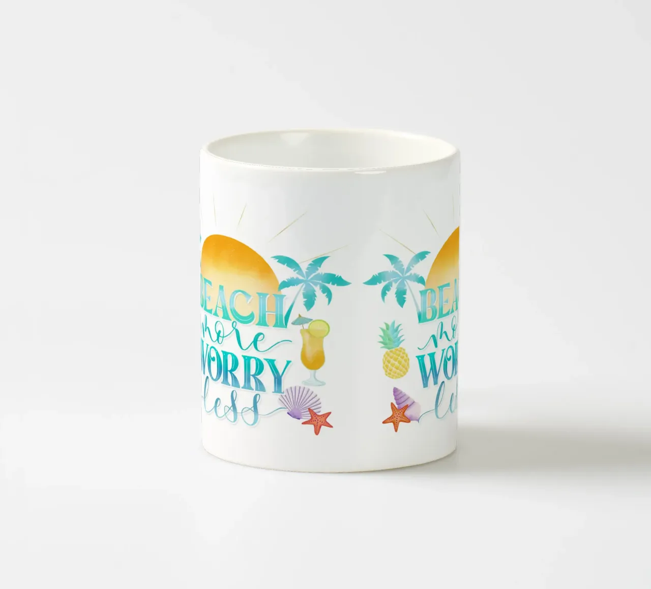 Más playa. Preocúpese menos. Cooles Lettering mit Strandfeeling taza de cerámica de CalliLetters