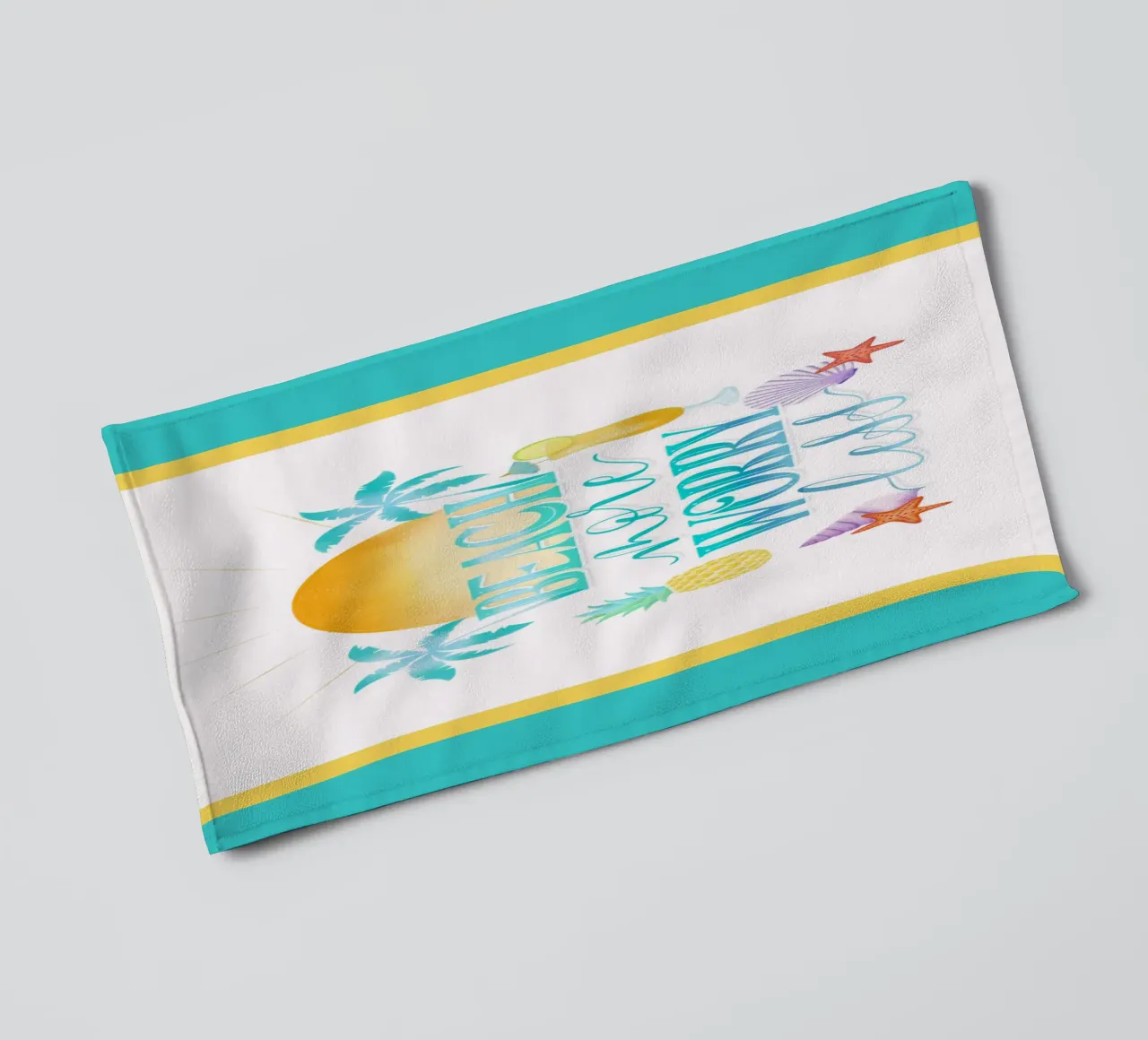 Meer strand. Minder zorgen. Coole belettering met strandgevoel badhanddoek van CalliLetters