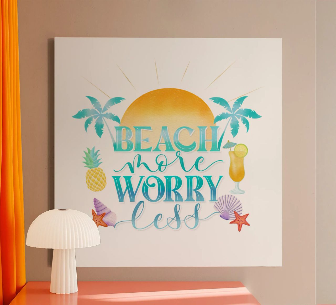Spiaggiare di più. Worry Less. Lettering fresco con sensazione di spiaggia tela da CalliLetters
