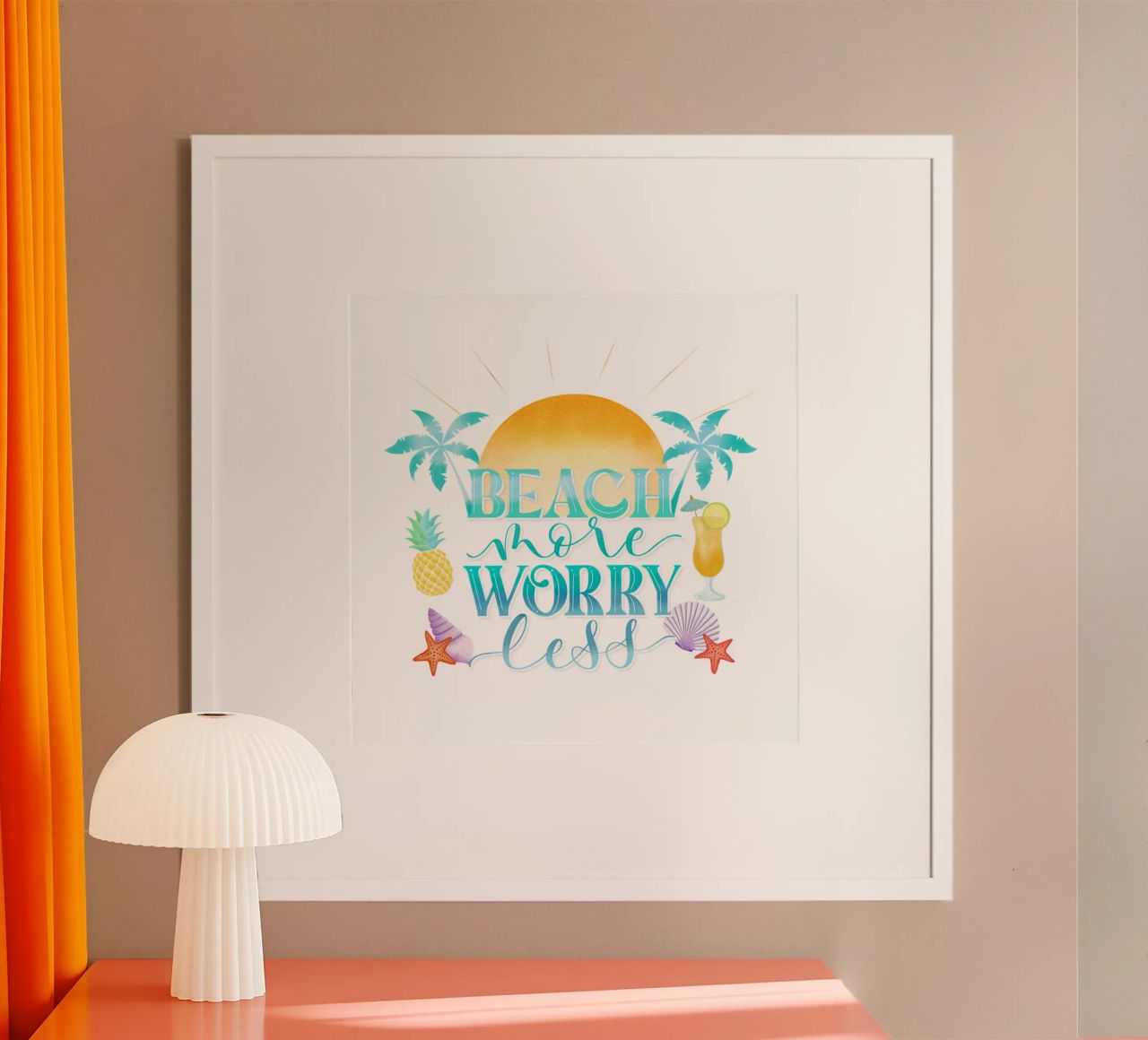 Spiaggiare di più. Worry Less. Lettering fresco con sensazione di spiaggia poster da CalliLetters