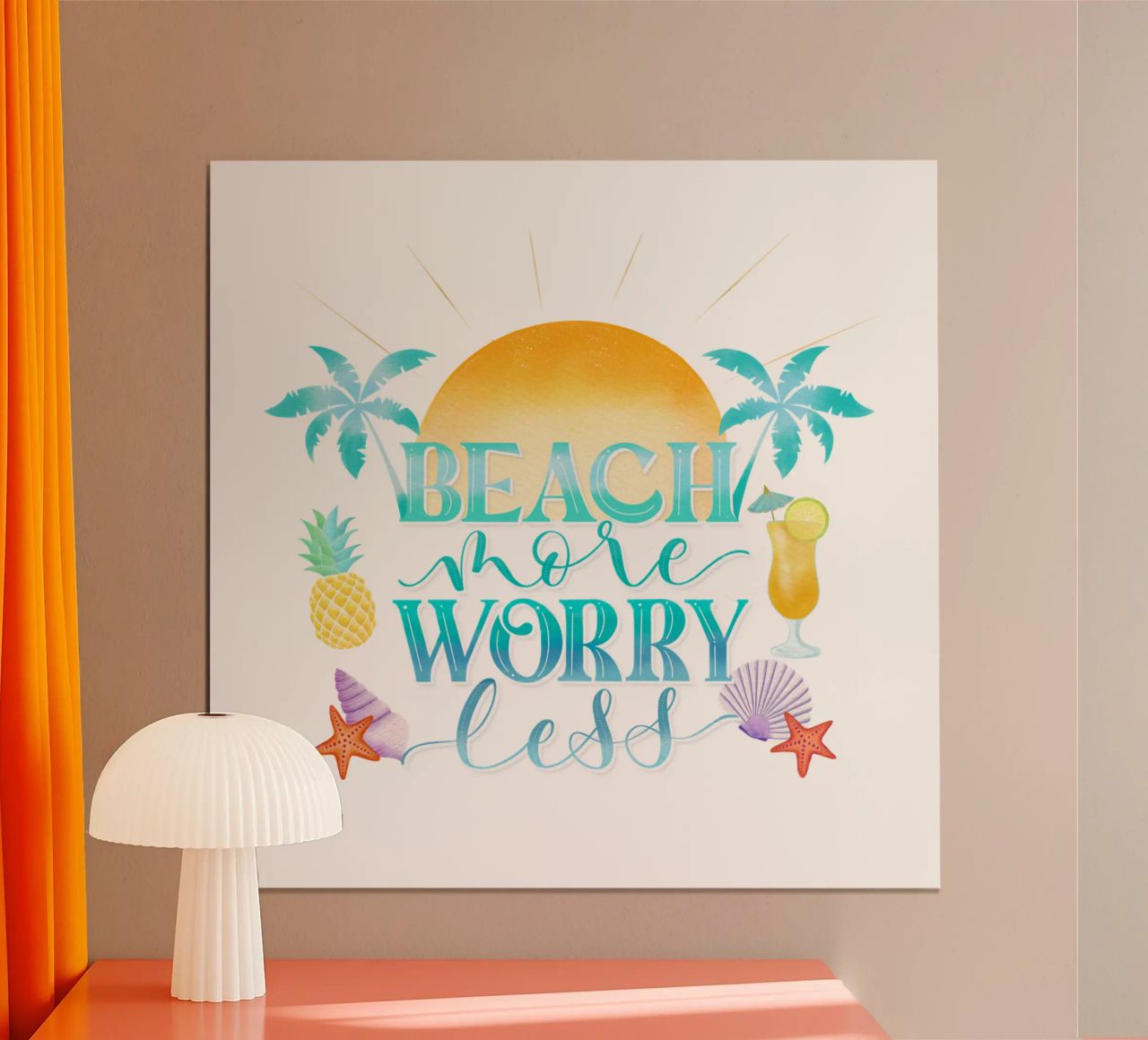 Spiaggiare di più. Worry Less. Lettering fresco con sensazione di spiaggia poster da CalliLetters
