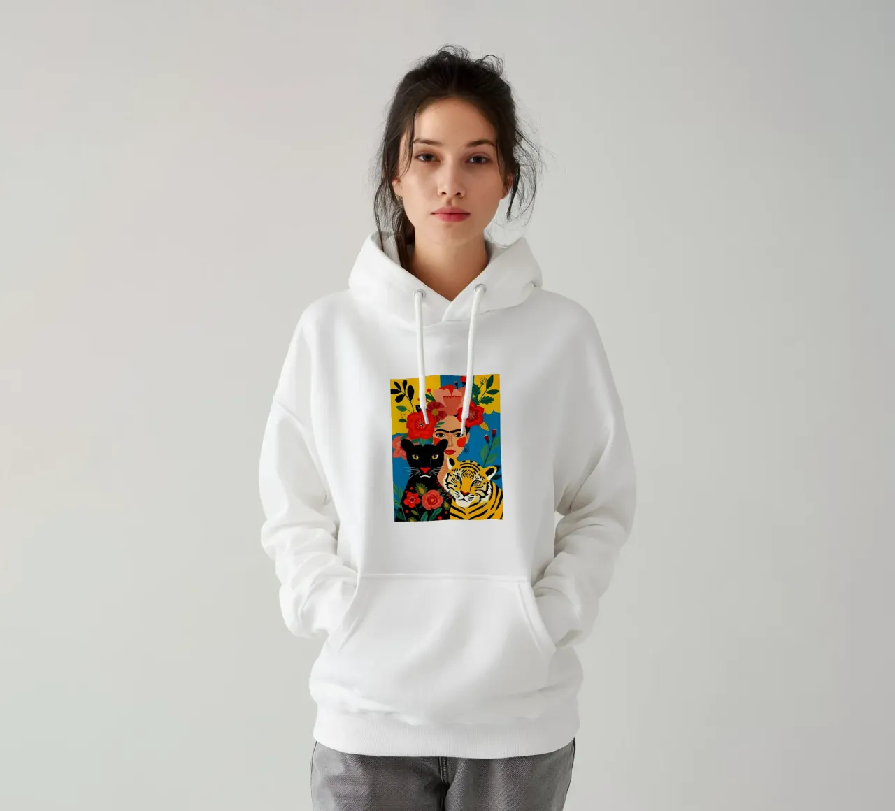 FRIDA KAHLO CON TIGRE E PANTERA felpa con cappuccio da ARTOMATIC